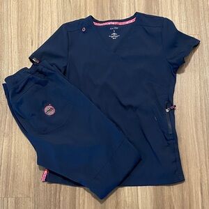 Koi Lite Navy Blue Scrub Set with Pink Accents